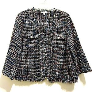 C Est. 1946 Spring Awake Ideal Black Plaid Open Collarless Blazer Tweed Jacket